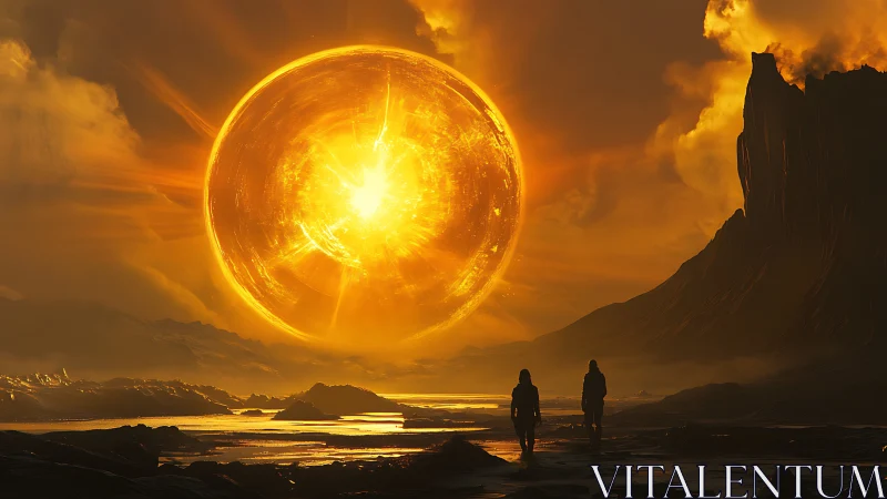 Colossal molten sphere dominates alien volcanic shoreline