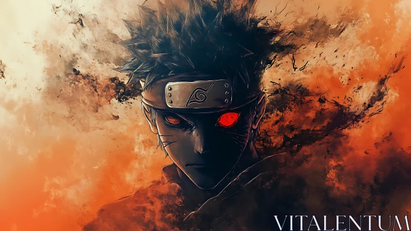 Fiery ninja portrait in eruptive orange ink clouds.