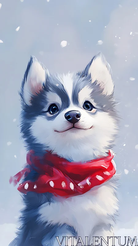 Digital illustration of husky puppy with red scarf in snow.