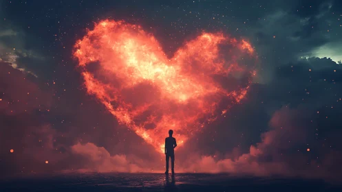 Silhouetted figure confronts incandescent heart formation amid nocturnal cosmos