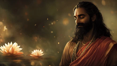 Meditating Hindu sage with lotus flowers in warm bokeh haze