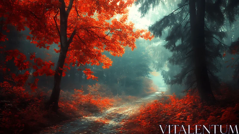 Autumn Forest Path with Luminous Red Canopy and Mist
