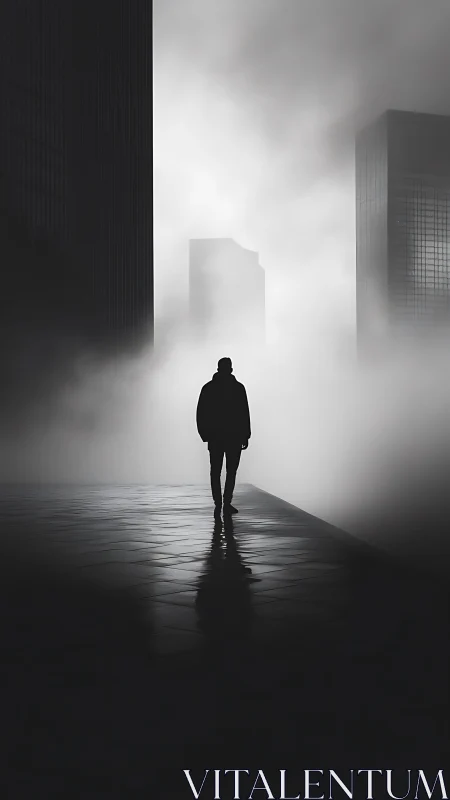 Silhouette walks through foggy city canyon at dawn.