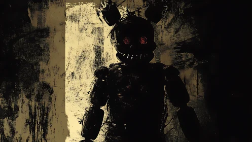 Shadowy animatronic watcher in a dim, eerie hallway.