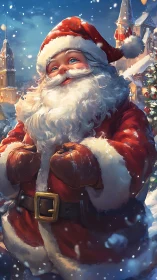 Santa figure stands in snowy village with detailed lighting