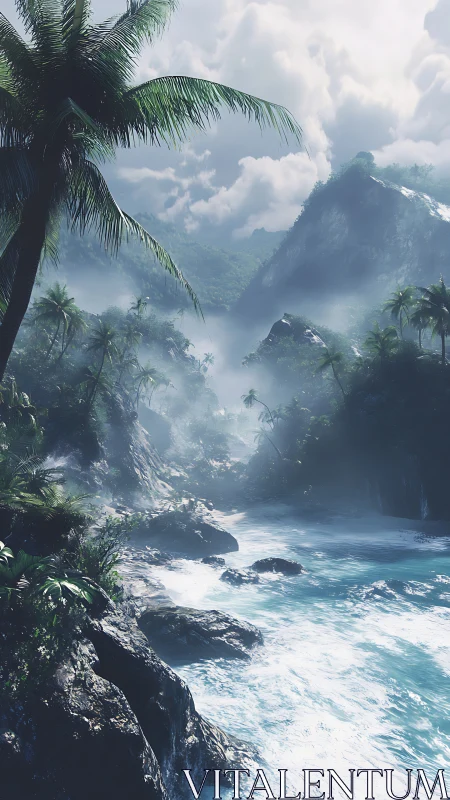 Tropical Valley with Misty Mountains and Coastal Waters