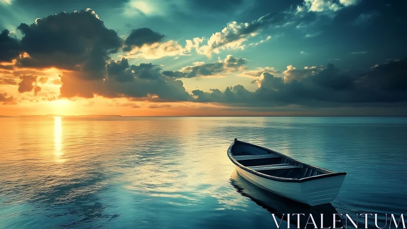 Solitary wooden rowboat on glassy sea beneath radiant sunset.