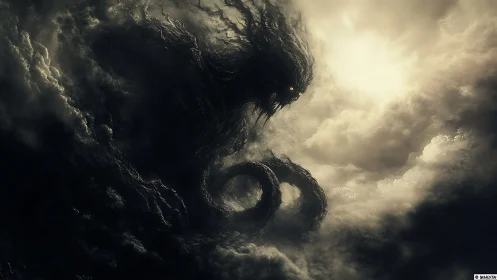 Colossal shadowy cloud leviathan with coiled tendrils emerge