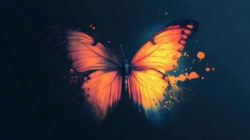 Radiant splatter-wing butterfly in a moody midnight glow.