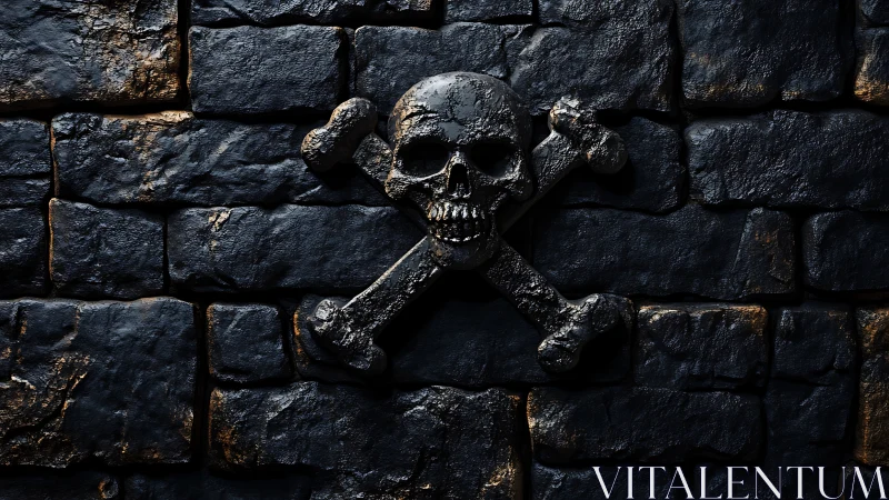 Weathered skull and crossbones grin from a shadowy stone wall