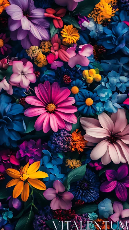Vibrant floral composition bursts with saturated color harmony.