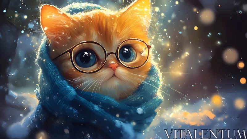 Orange-furred feline with spectacles in crystalline bokeh environment.