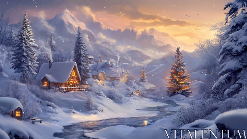 Snowy mountain village with glowing cabins at dusk.