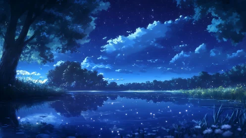 Nocturnal riverside landscape renders luminous reflected starlight