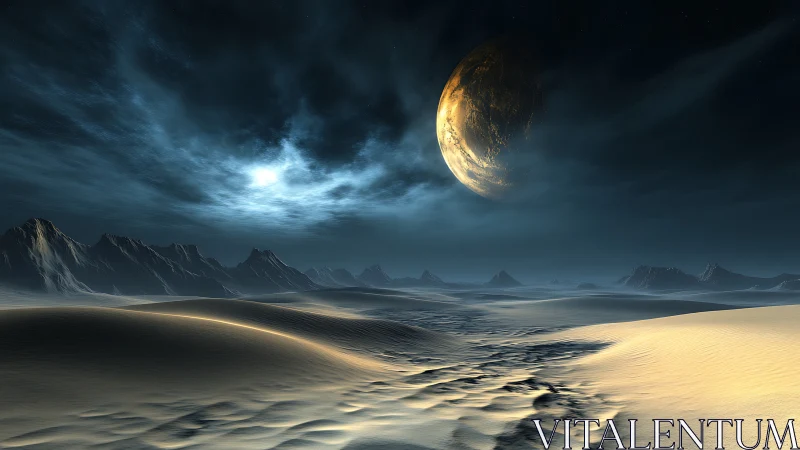 Luminous dunes under a brooding alien moonrise hush.