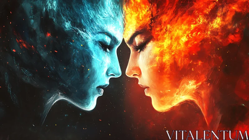 Dual elemental female faces embody stark fire and ice contrast