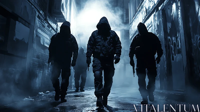 Tactical silhouettes advancing through fog-dense urban alleyway.