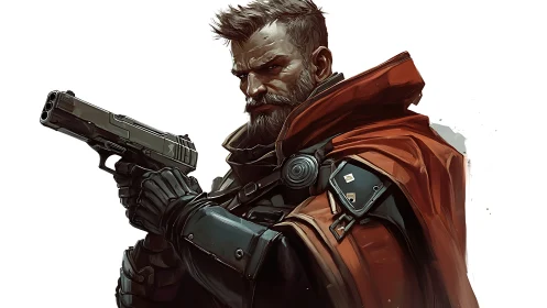 Tactical gunslinger in armored cloak with precision sidearm.