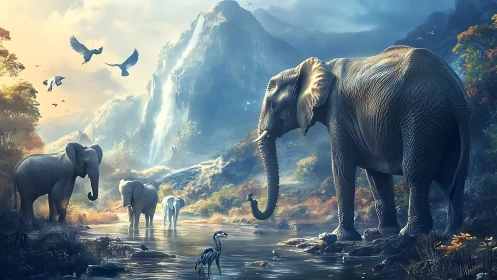 Elephants at misty waterfall river in luminous sunrise light.