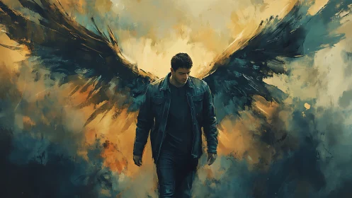 Brooding man with dark wings in stormy abstract sky.