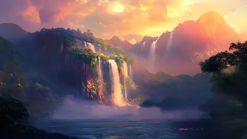 Vibrant fantasy landscape with waterfalls at sunrise.