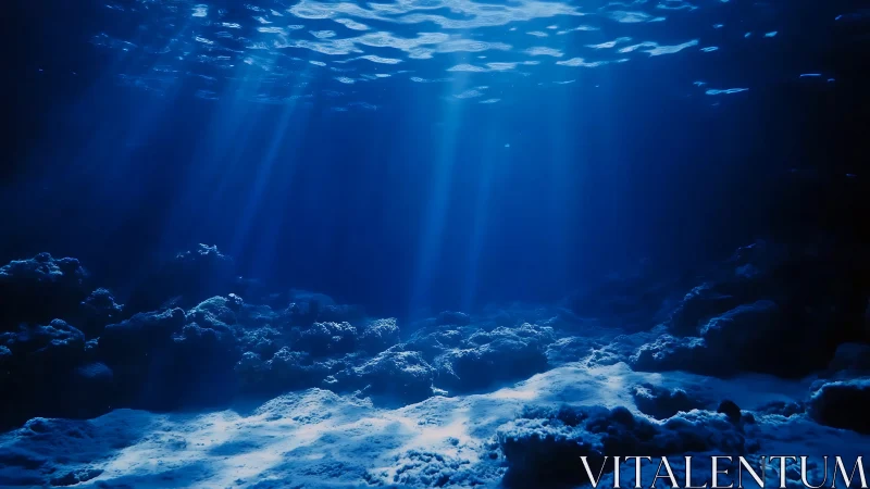 Blue abyss whispers through sunlit underwater silence.