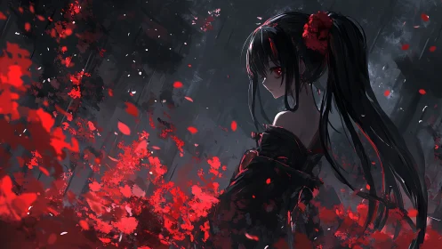Anime nocturne with red petals and dark forest depth study.
