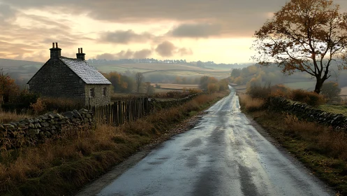 Wet country lane beside stone cottage at autumn dusk.
