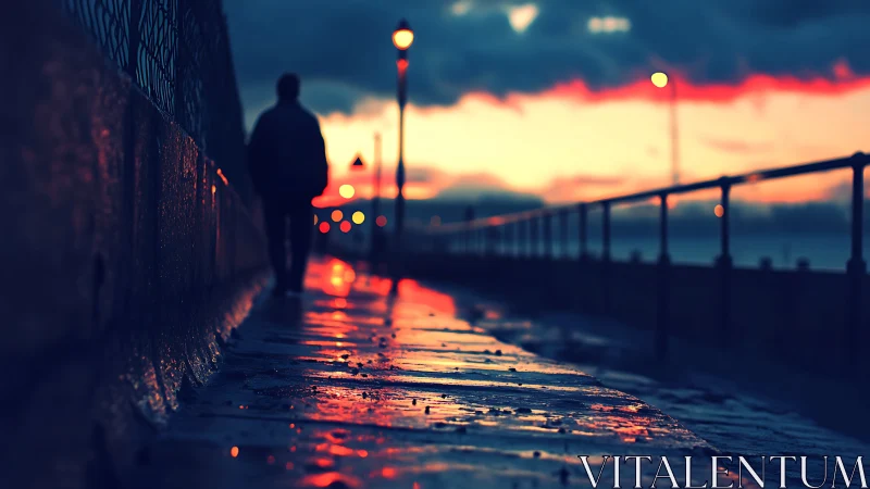Moody seaside walk along a rain-soaked sunset promenade.