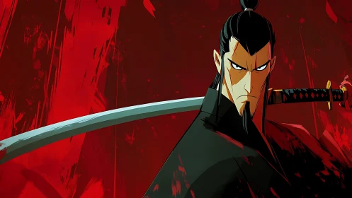 Storm-eyed samurai cleaves silence in a crimson tempest.