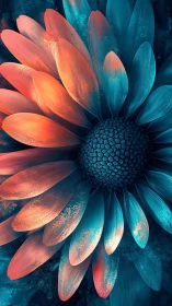 Bicolor daisy macro renders vivid cyan and coral brushlit petals