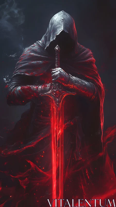 Hooded wraith grips burning crimson greatsword in shadow