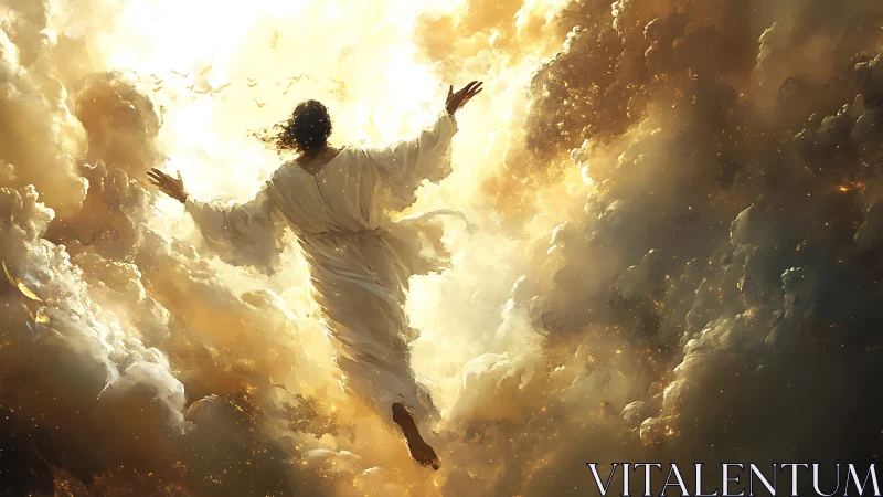 Radiant ascension figure soaring through storm of golden light.