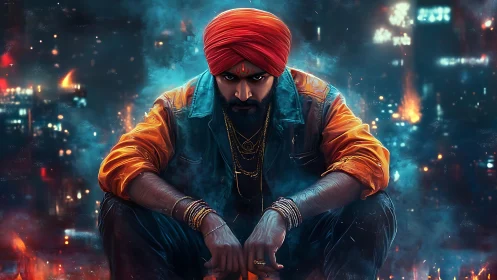 Urban warrior in red turban framed by neon city blaze.