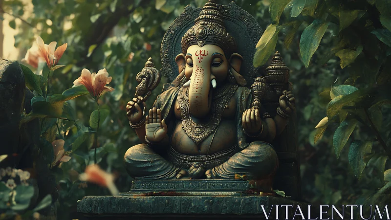 Rendered Ganesha stone idol with ornate patina in dense foliage