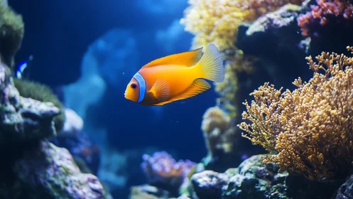 Clownfish illuminated midwater among reef corals in aquarium