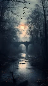 Foggy forest bridge over dark stream at muted sunset.
