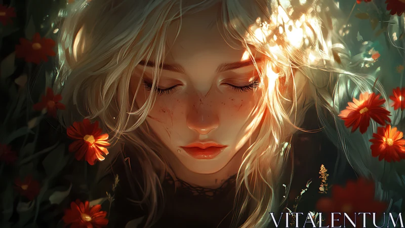 Moonlit girl rests among glowing wildflowers in quiet bloom