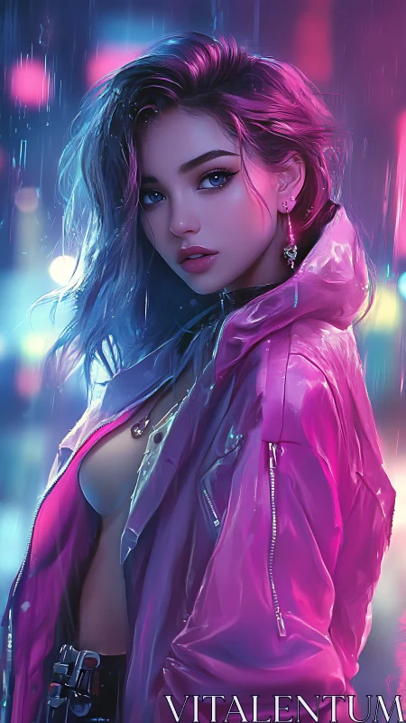 Neon‑lit woman stands in rainy city glow, poised yet distant