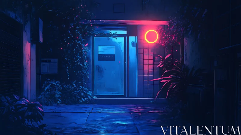 Neon moon doorway soaking a lonely cyber garden in blue hush.