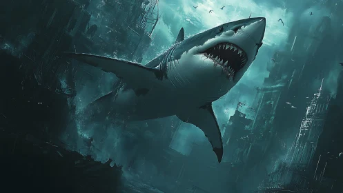 Colossal shark surges through flooded futuristic ruins.