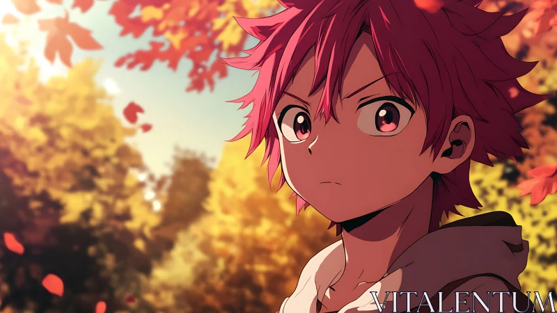 Autumn dusk crowns a pink haired anime wanderer in firelight.