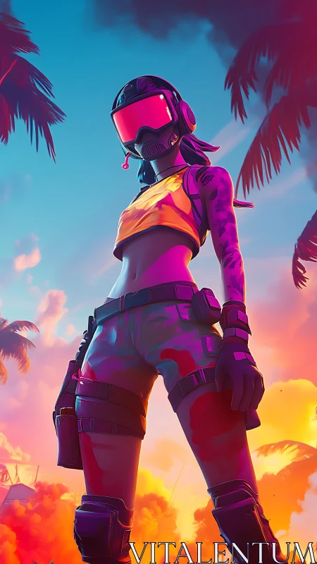 Neon visor warrior claims a sunset jungle battleground in style
