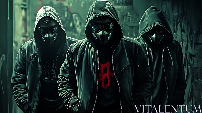 Masked urban hackers advance through neon-lit graffiti alley