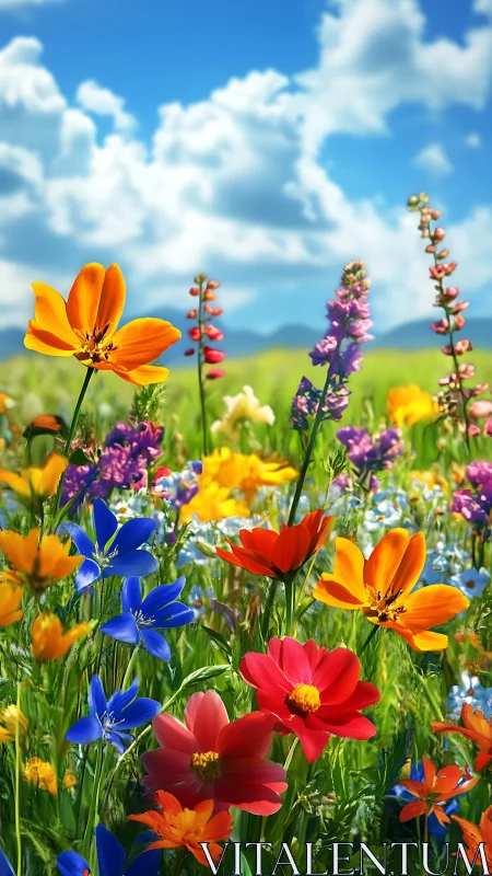 Vibrant Wildflower Meadow Against Cumulus Sky