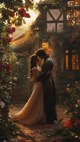 Romantic couple embraced in golden garden light with architectural backdrop and climbing roses.
