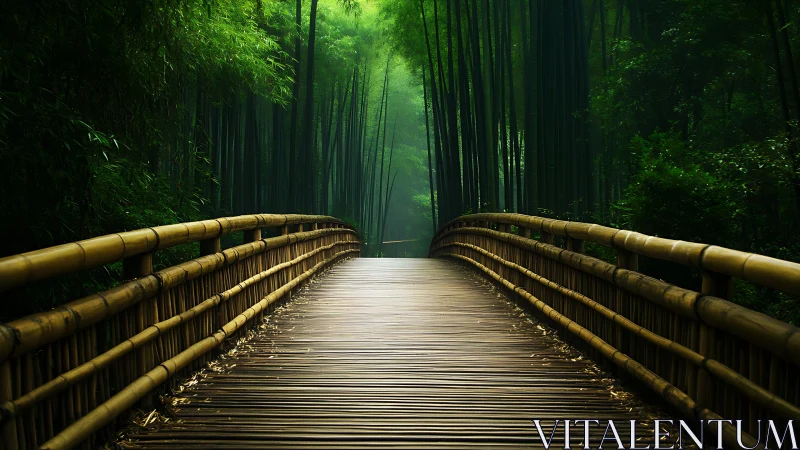 Curved bamboo pedestrian bridge through dense green bamboo forest