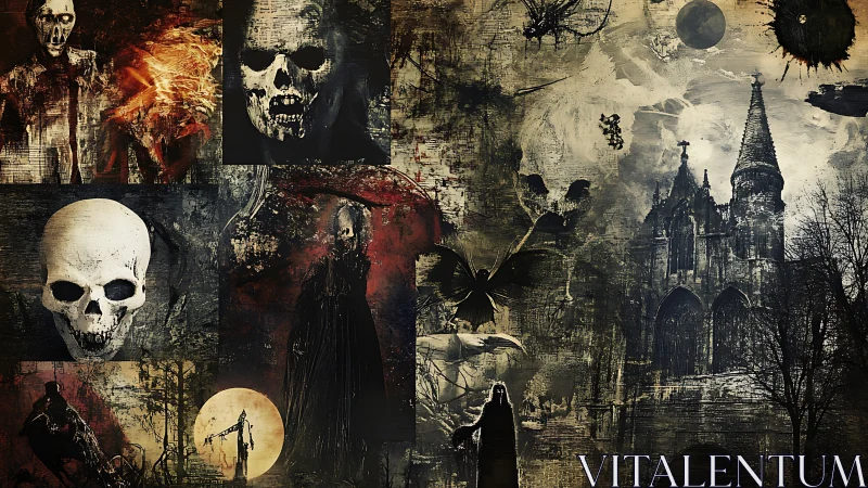 Dark gothic montage with skulls, church and grim figures.
