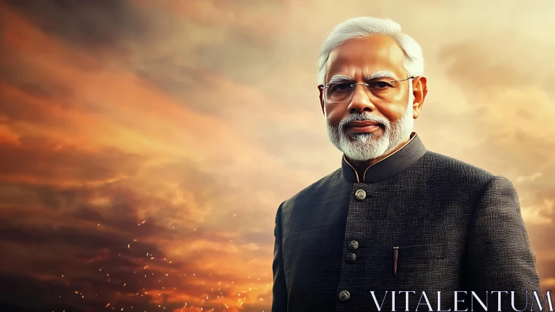 Digital statesman portrait against simulated ember skyfield.