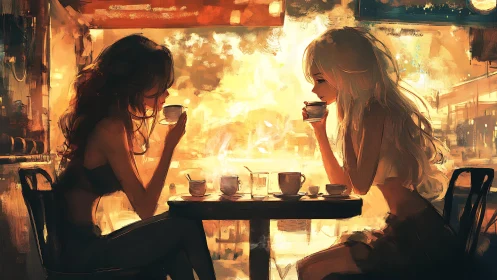 Two women sharing quiet coffee in warm urban café.